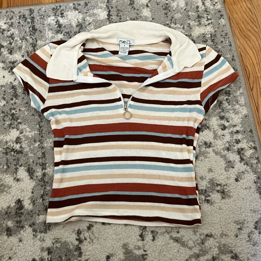 Rue21 Striped Polo Crop Top with Zip